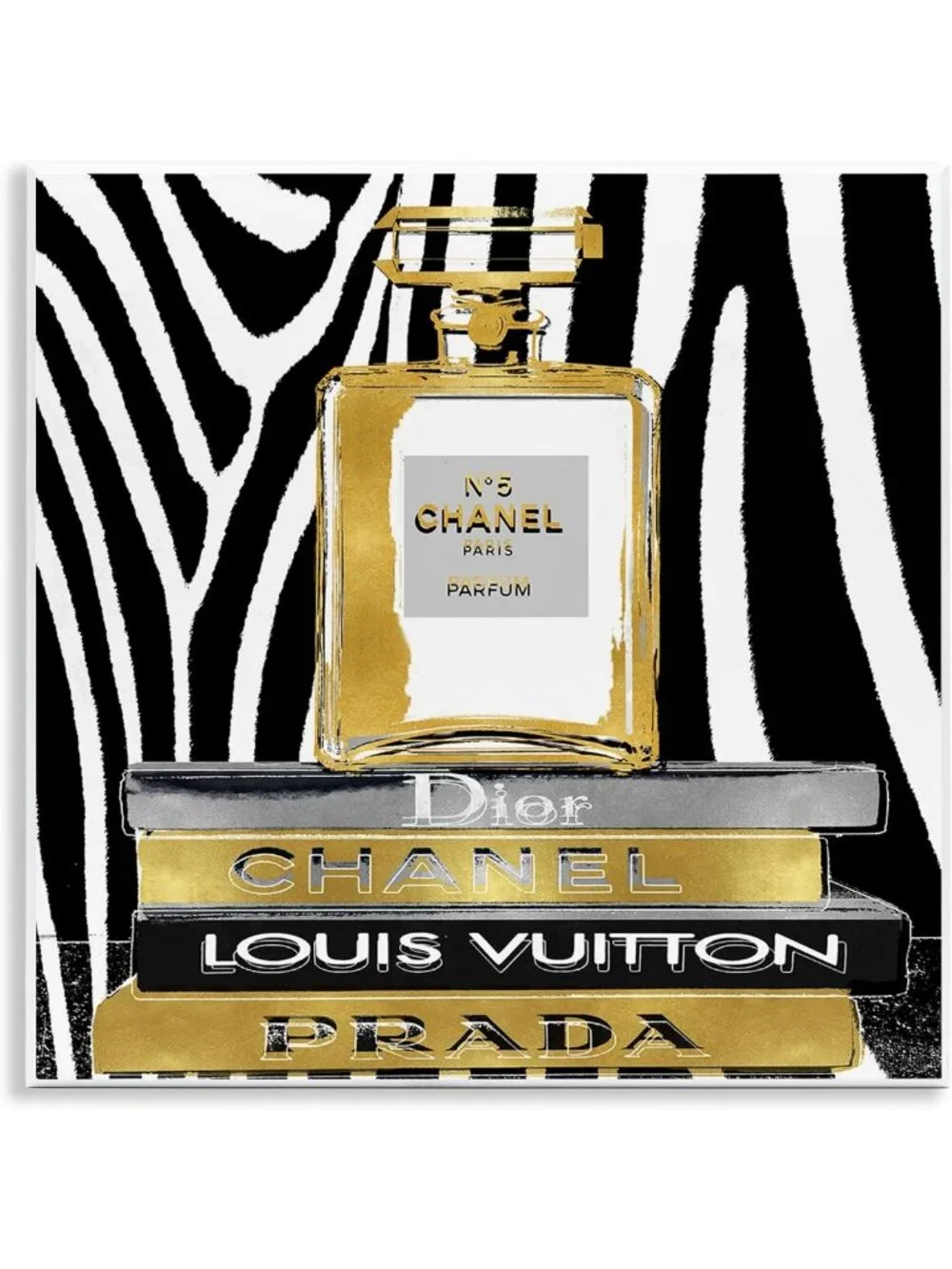 Glam Fragrance Fashion Book Stack Wall Art - Black Zebra Print Decor, 12x12